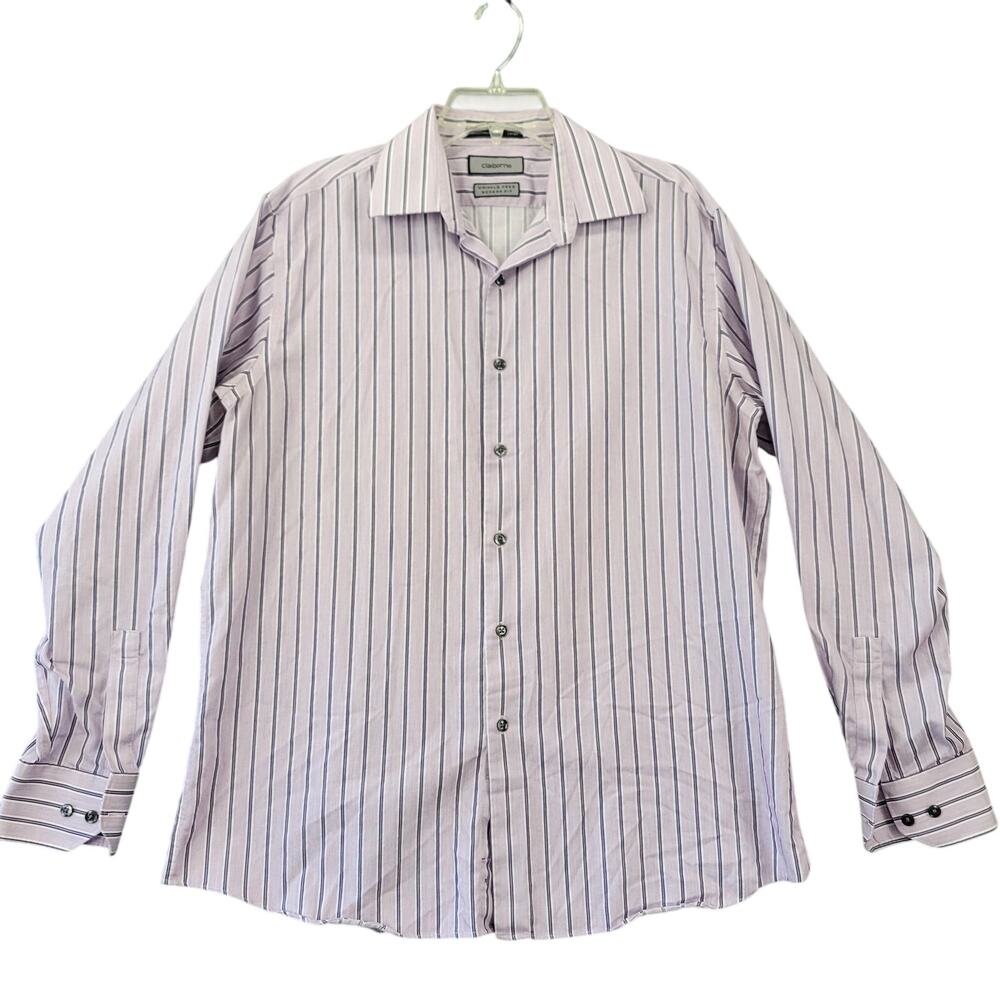 Claiborne Mens Size L Purple Shirt Striped Modern Fit Button Up Long Sleeves Top